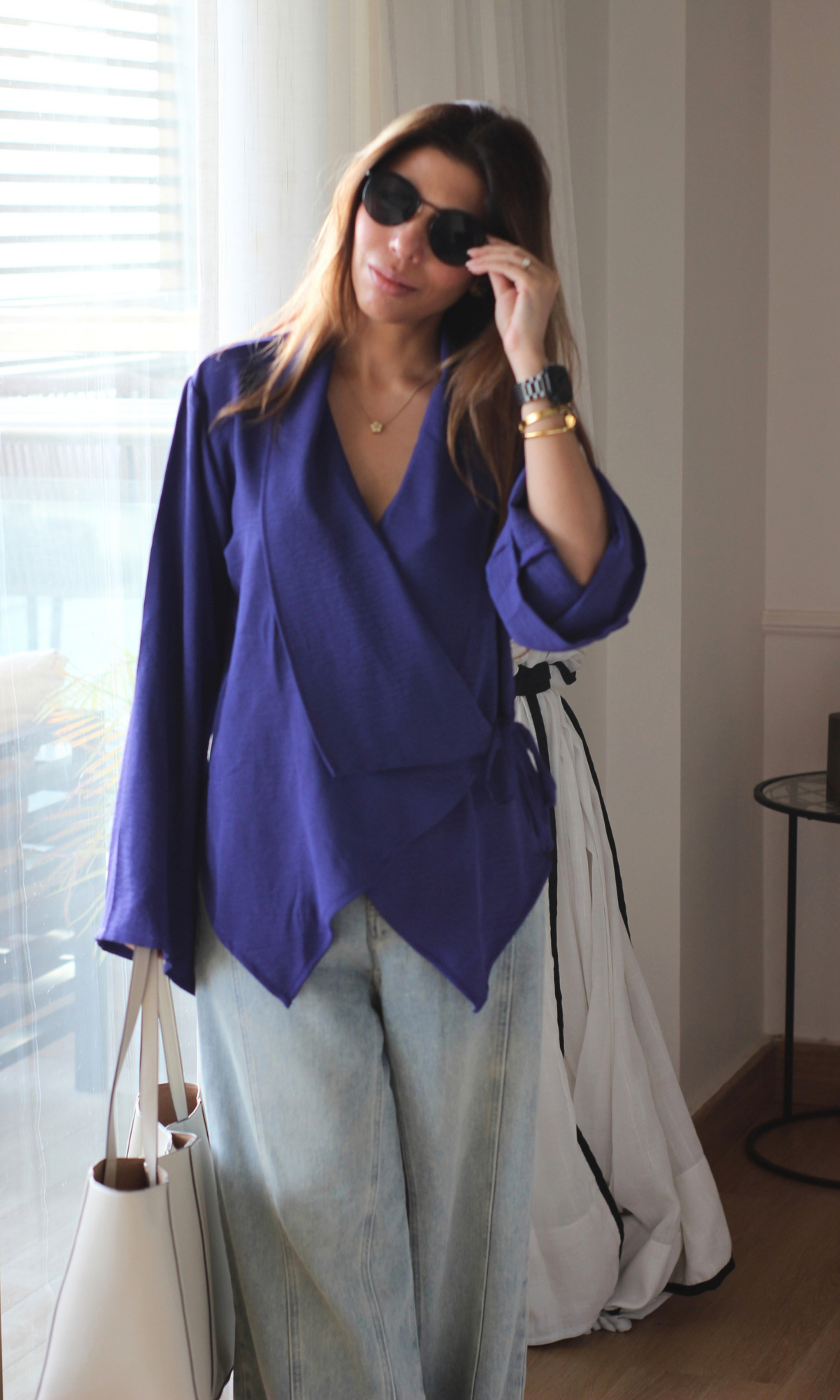 Violet Asymmetric Flared-Sleeve Wrap Top