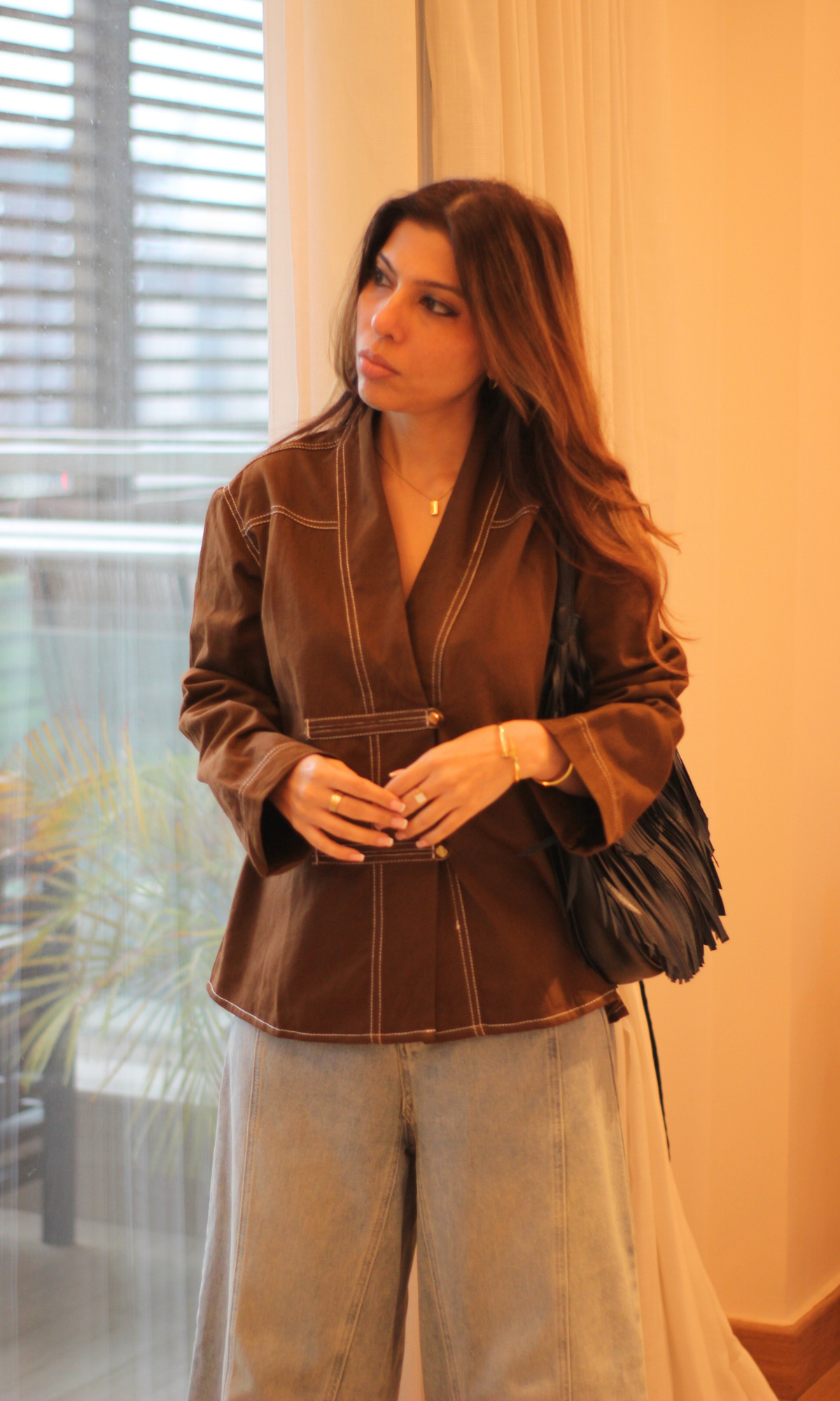 Brown Contrast-Stitch Kimono Jacket