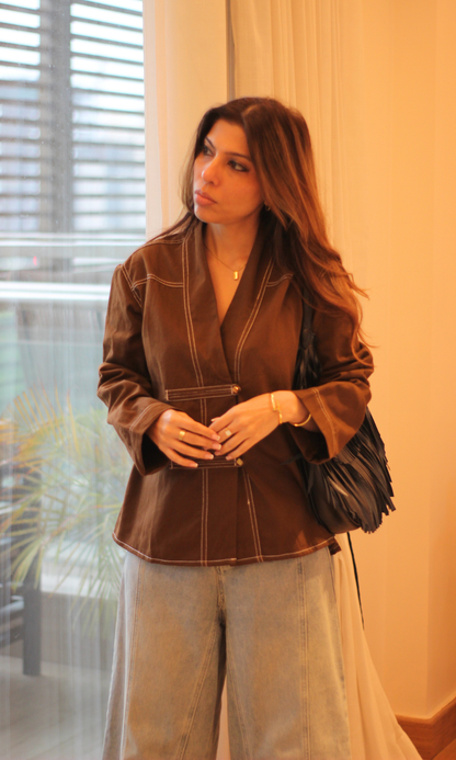 Brown Contrast-Stitch Kimono Jacket