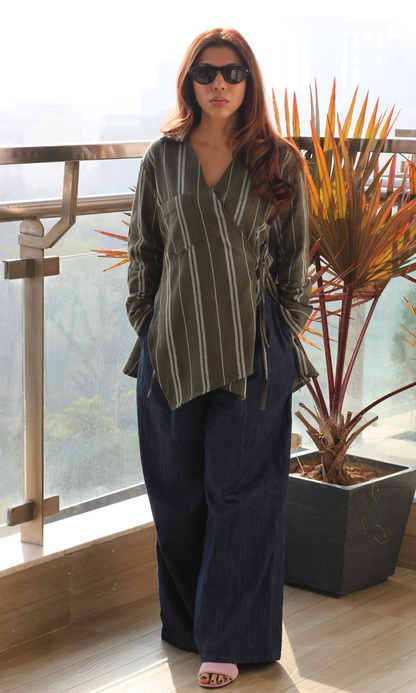 Olive Weaved Cuts Detail Kimono Top