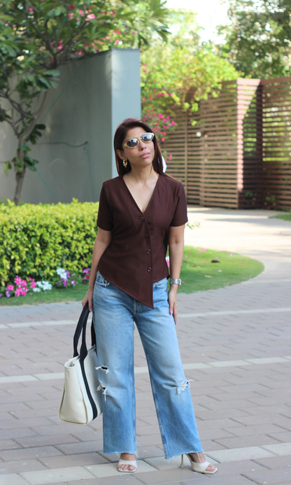 Umber Ribbed Side-Cut Sleeved Waist Coat