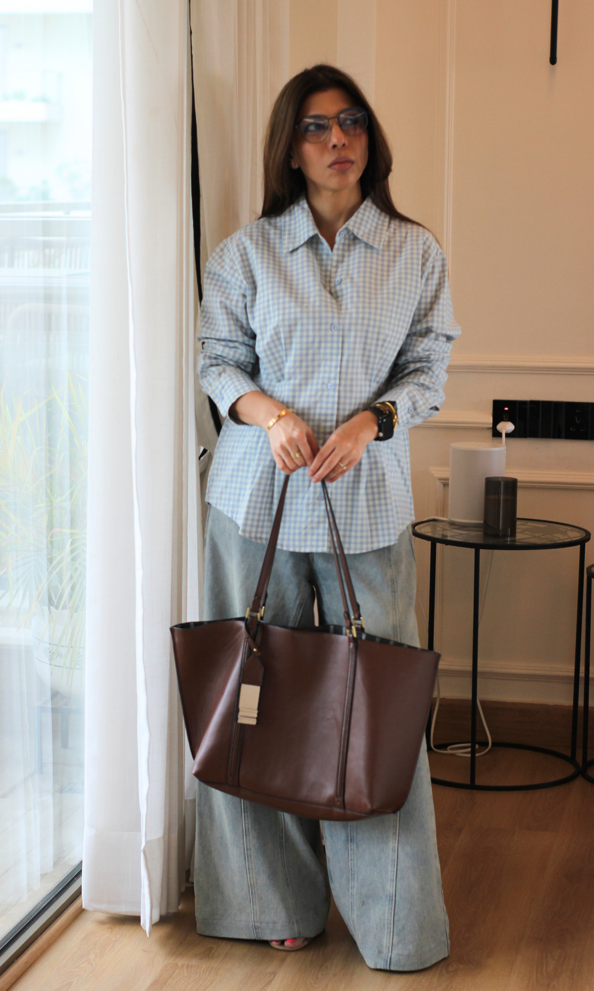 Powder Blue Check Peplum Pleated Shirt