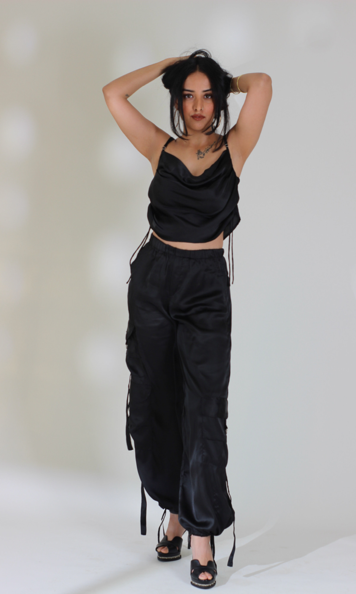 Deep Black Drawstring Top and Parachute Pants