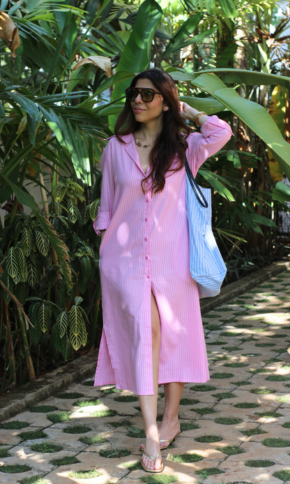 Pink Two Tone Long Shirt Dress