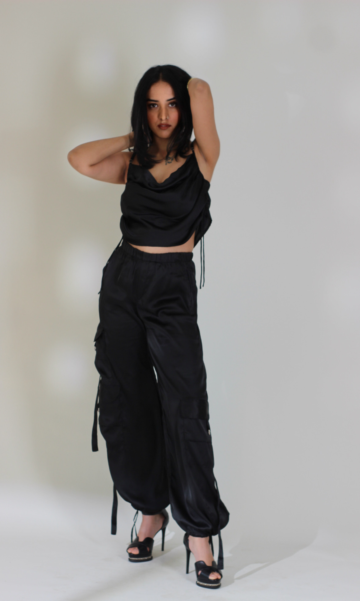 Deep Black Drawstring Top and Parachute Pants