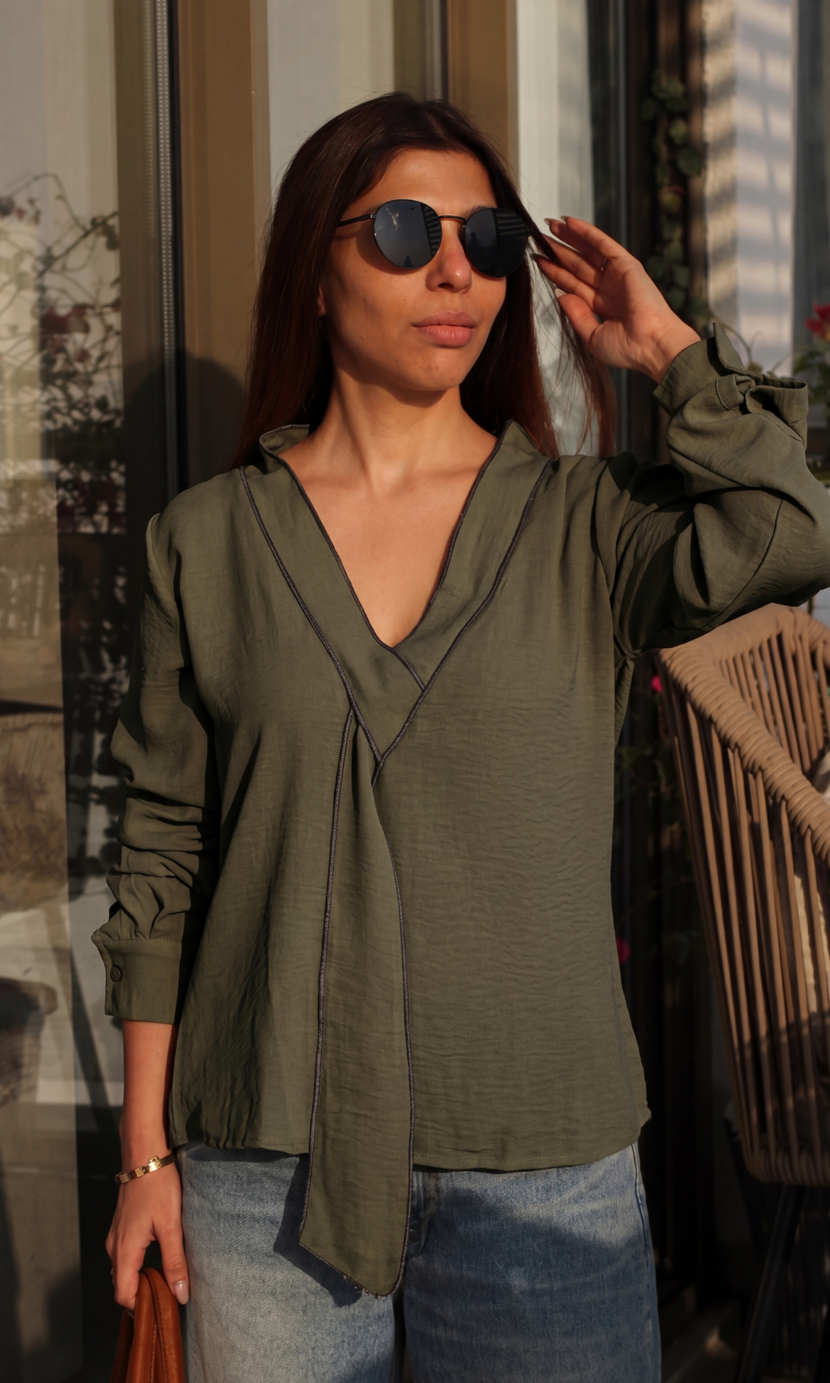 Olive-Black Green Knot Detail Top