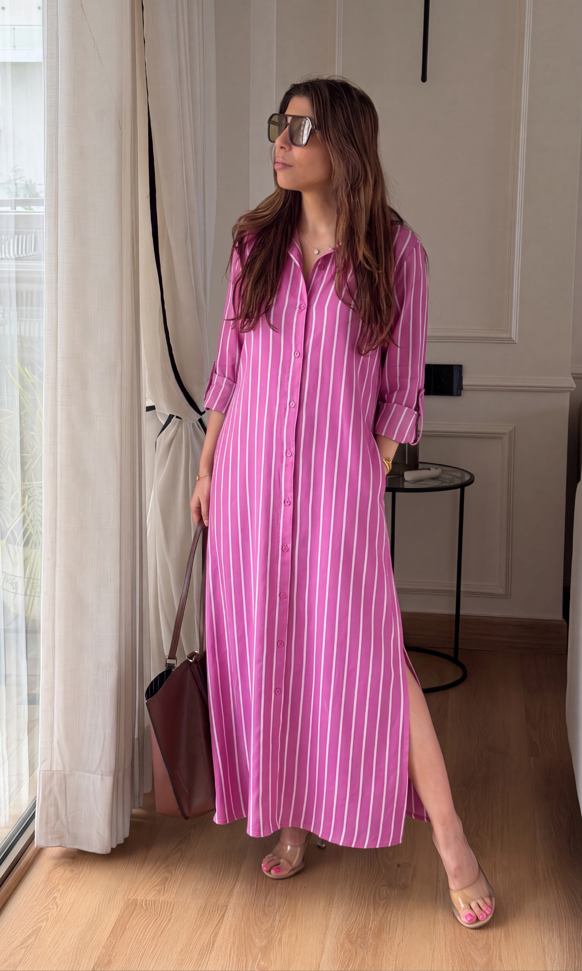 Pink Border-Stripe Shirt Dress