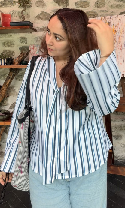 Navy Striped Tie-Neck Flared Sleeve Top