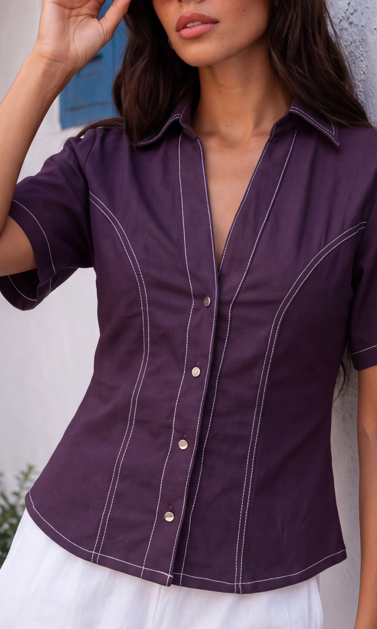 Purple Contrast-Stitch Shirt