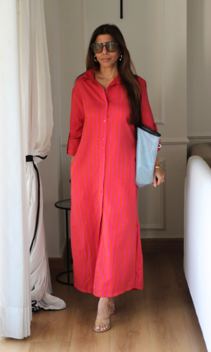 Magenta Orange Stripe Cotton Shirt Dress