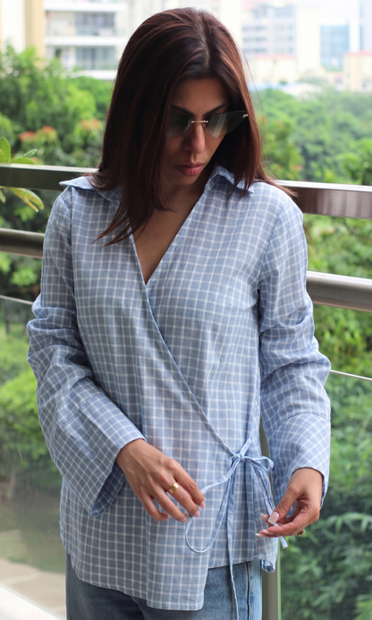 Blue Grey Check Kimono Top