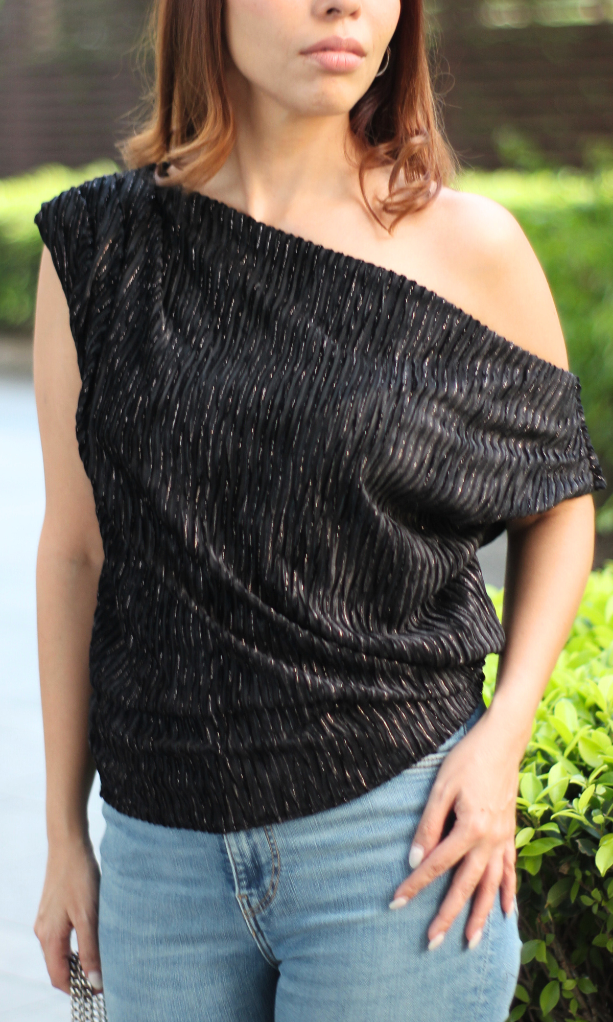 Black Pleated One-Shoulder Top