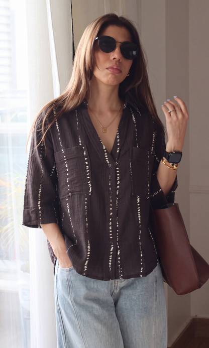 Espresso Shibori Cotton Cropped Shirt