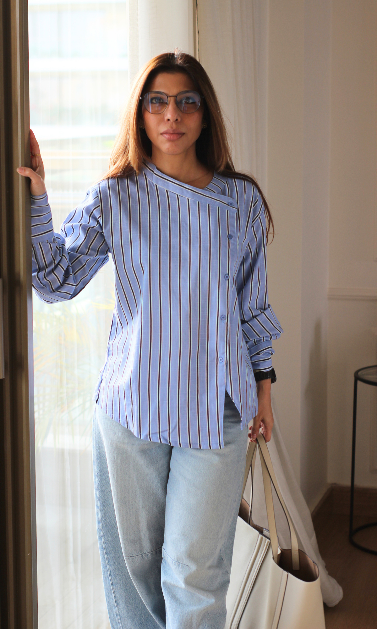 Cornflower & Navy Stripe Diagonal Placket Shirt