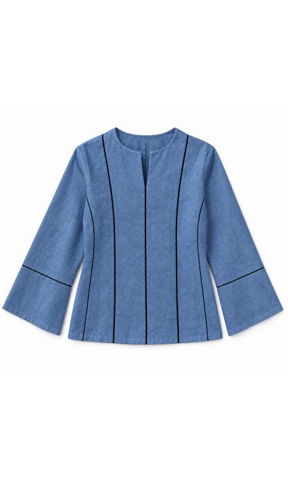 Contrast-Piped Chambray Blouse