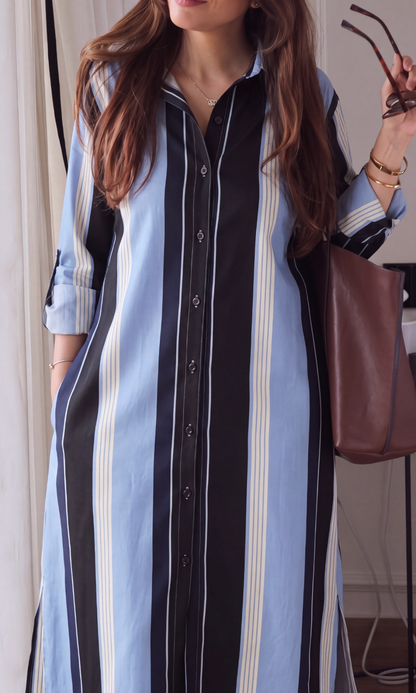 Navy Barcode Striped Shirt Dress