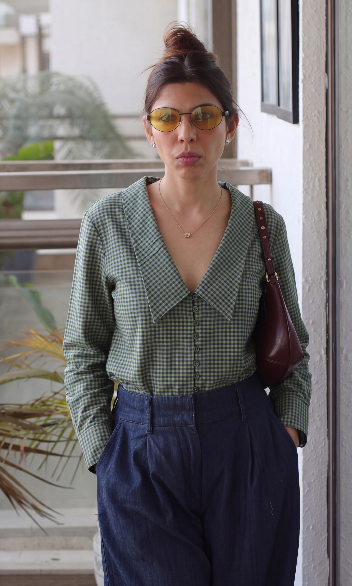 Olive Gingham Oversized Collar Shirt