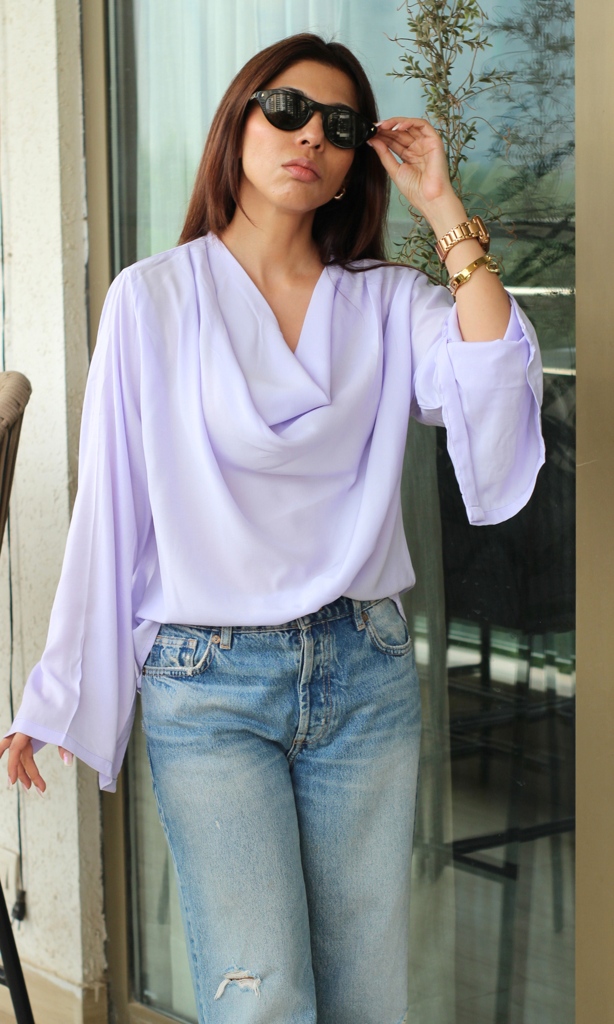 Lavender Slit Sleeves Cowl Neck Top