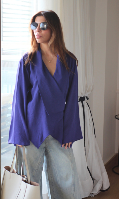 Violet Asymmetric Flared-Sleeve Wrap Top