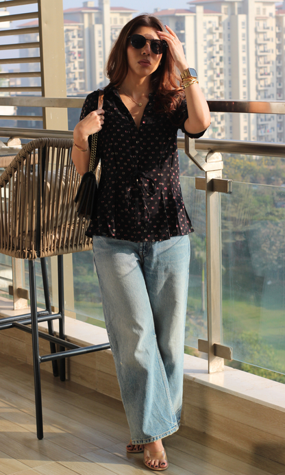 Black Lurex Tie Detail Top