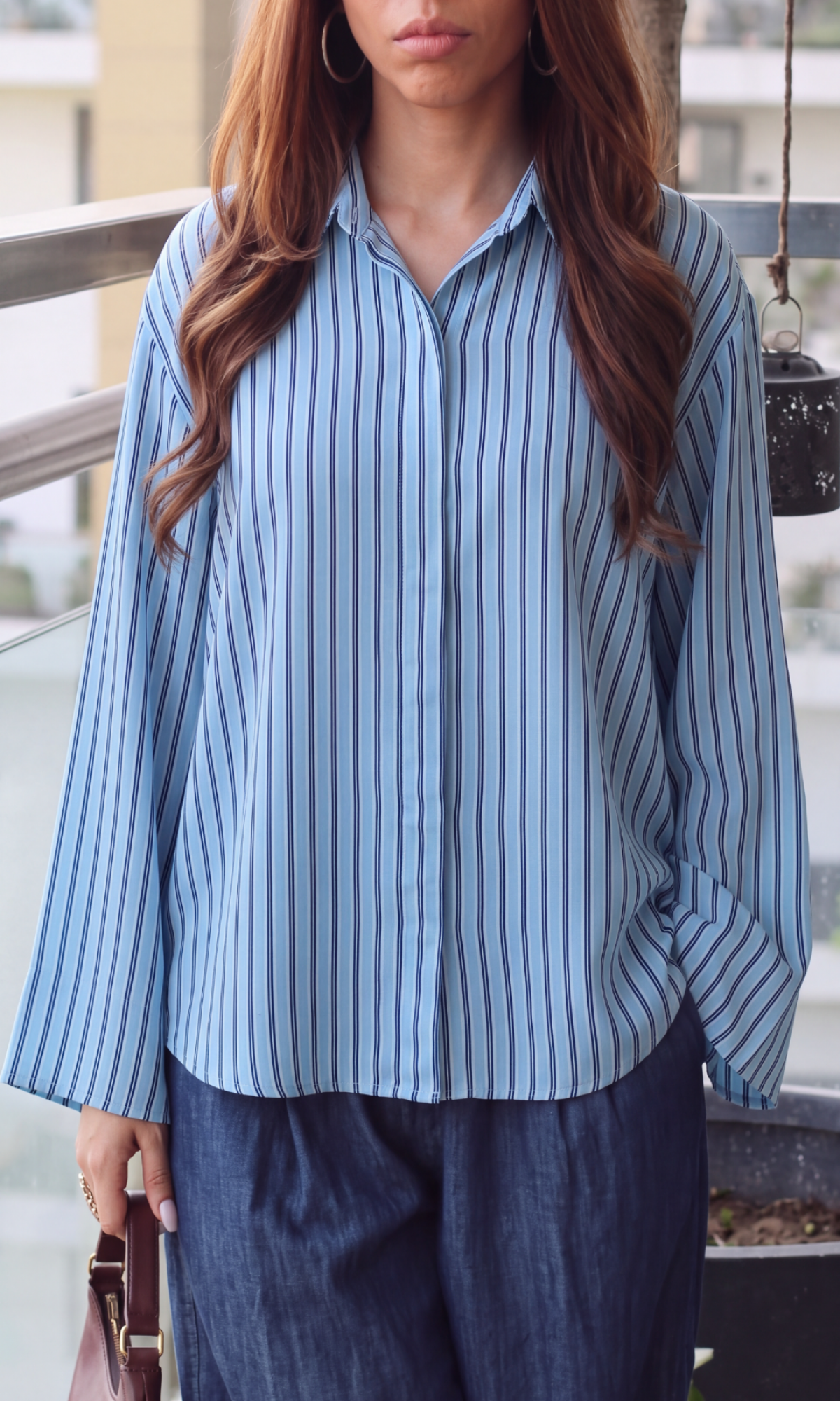 Blue Stripe Cotton Flared-Sleeve Shirt