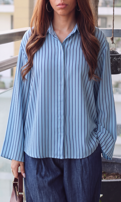 Blue Stripe Cotton Flared-Sleeve Shirt