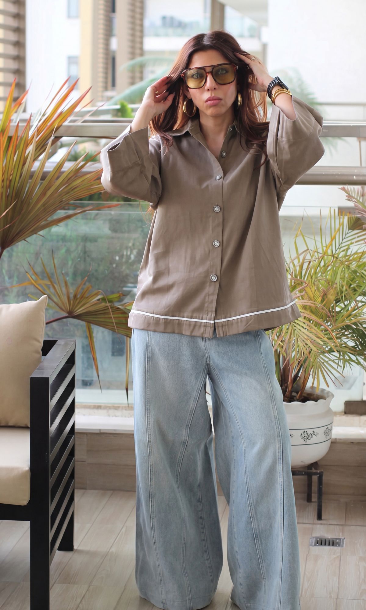 Oatmeal Contrast Piping Cotton Shirt