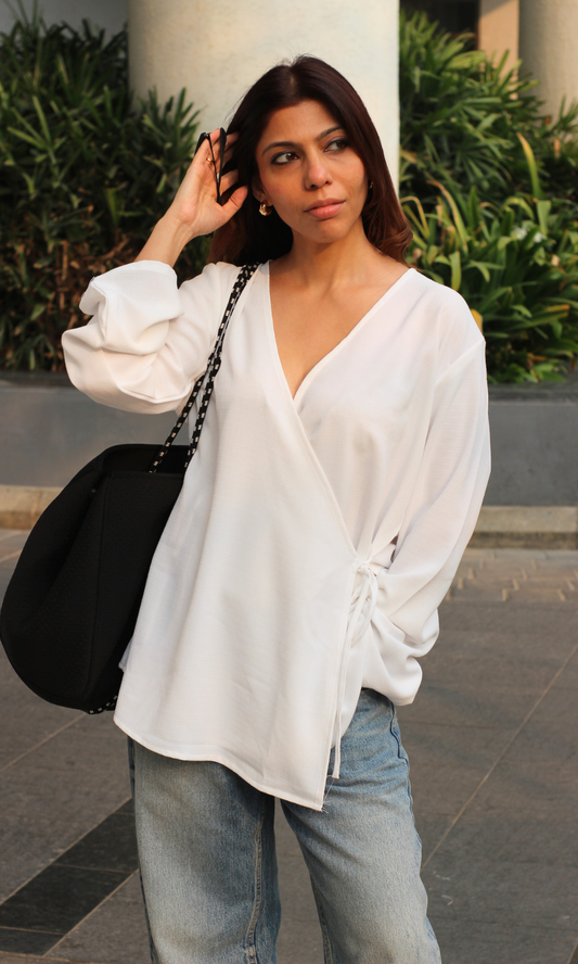 White Textured Tie Detail Kimono Top