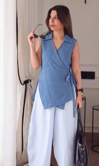 Blue Micro-Check Sleeveless Kimono Top