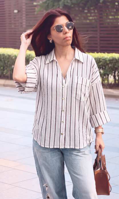 Cream & Cocoa Striped Camp Collar Shirt