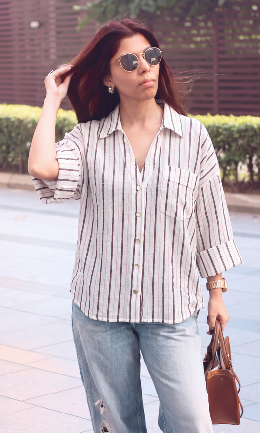 Cream & Cocoa Striped Camp Collar Shirt