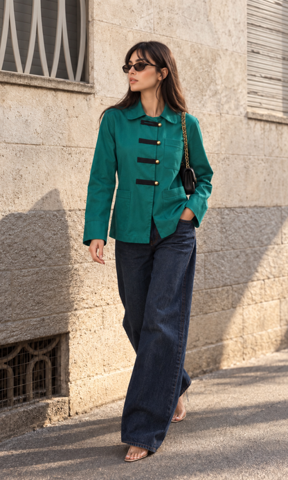 Frog-Closure Green Pinstripe Overshirt