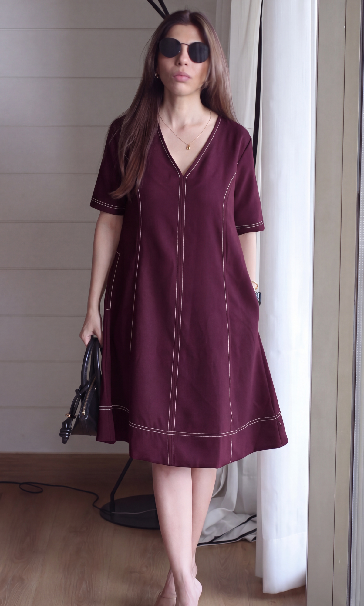 Merlot Contrast-Stitch A-Line Dress