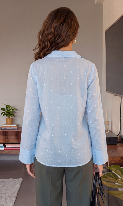 Sky-White Dobby Flared Sleeves Shirt