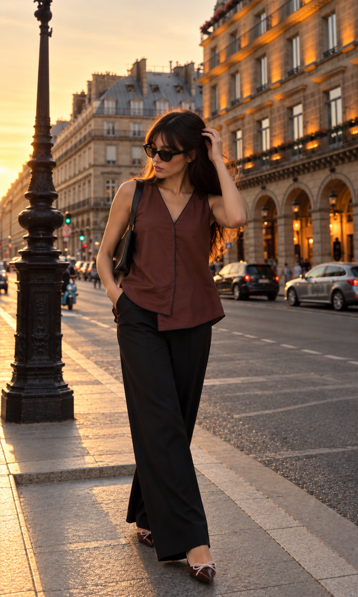 Brown Piped V-Neck Cami