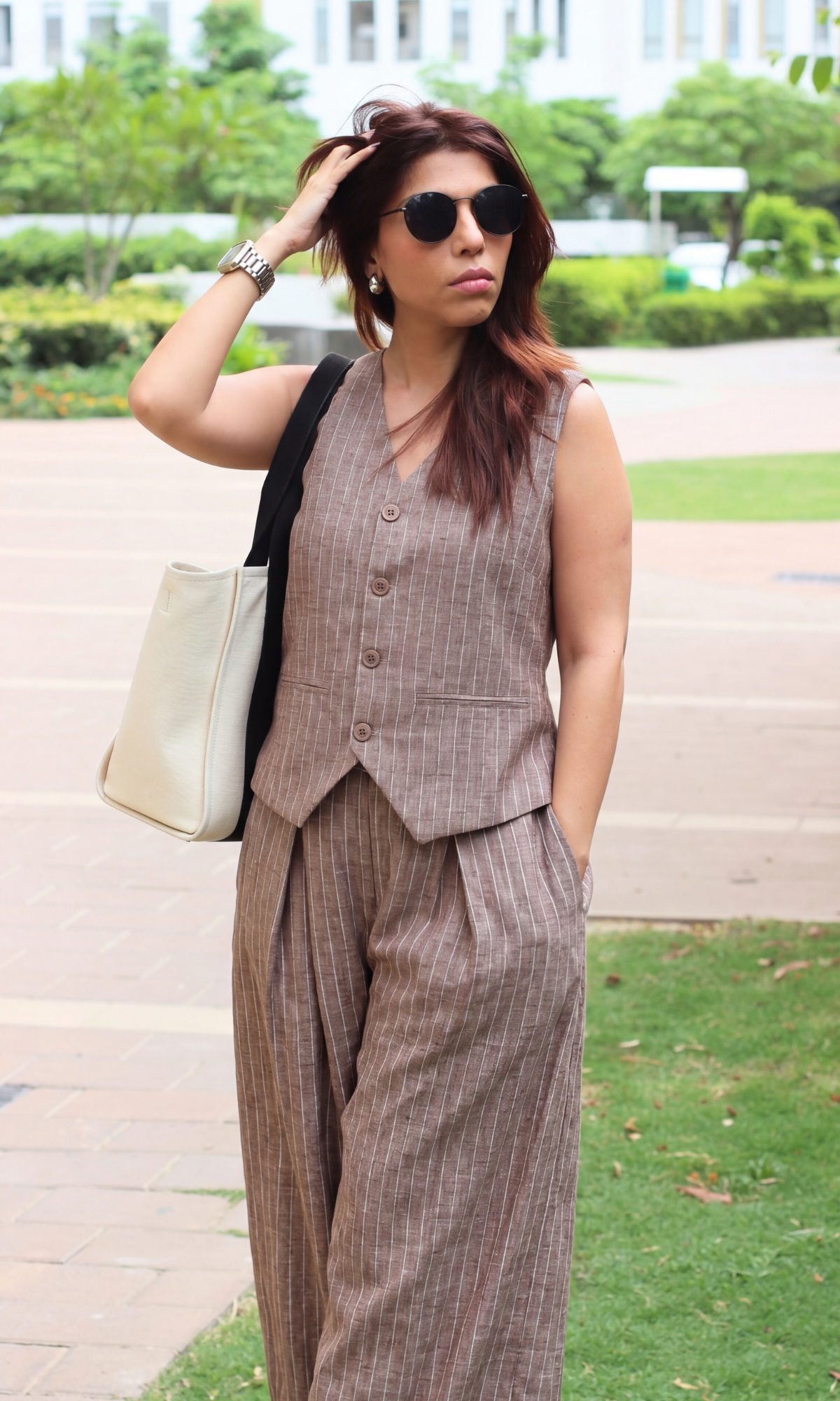 Beige-White Denim Cotton Waistcoat and Pants Co-ord