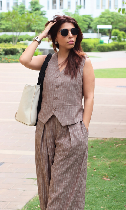 Beige-White Denim Cotton Waistcoat and Pants Co-ord