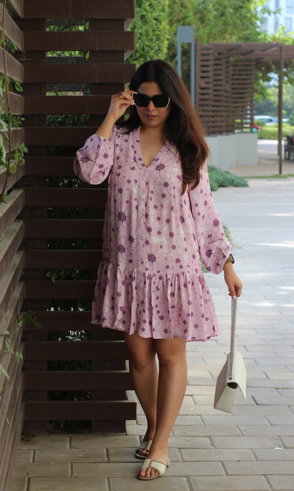 Vibrant Purple Printed Sleeved Crepe Dress - Main Image