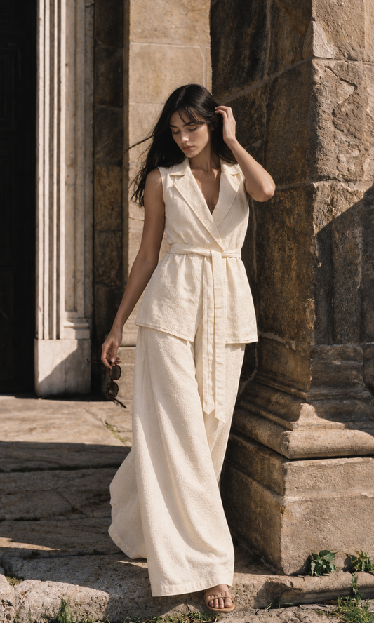 Ivory Textured Belted Blazer Co-Ord Set