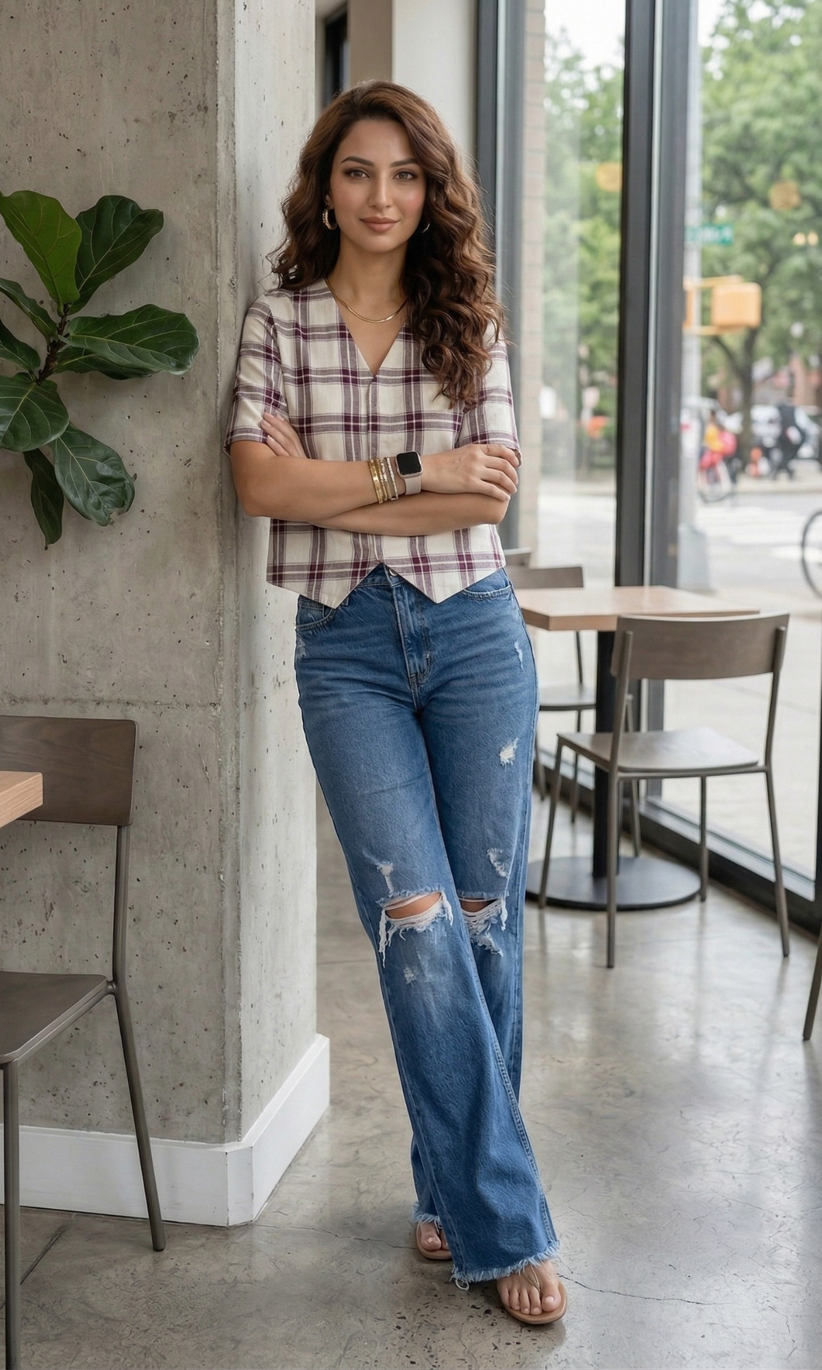 Plum Grid Sleeved Waist Coat