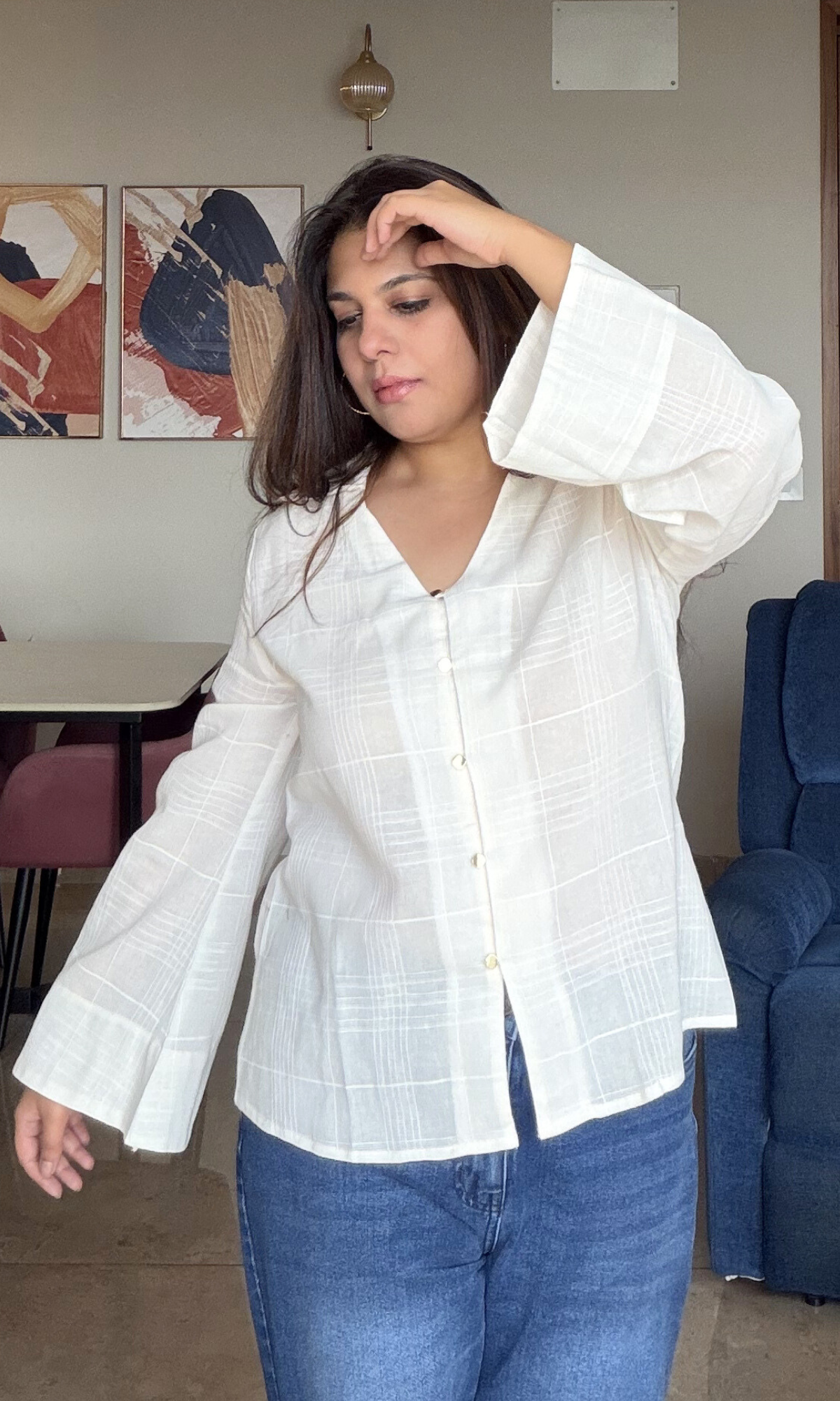 Ivory Textured Flared Sleeve Shirt