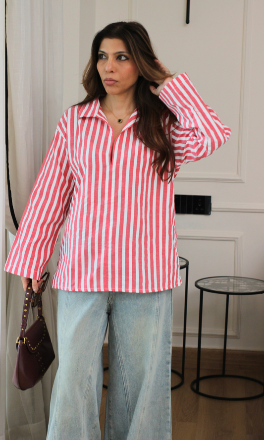 Red Vertical Stripe Resort Blouse