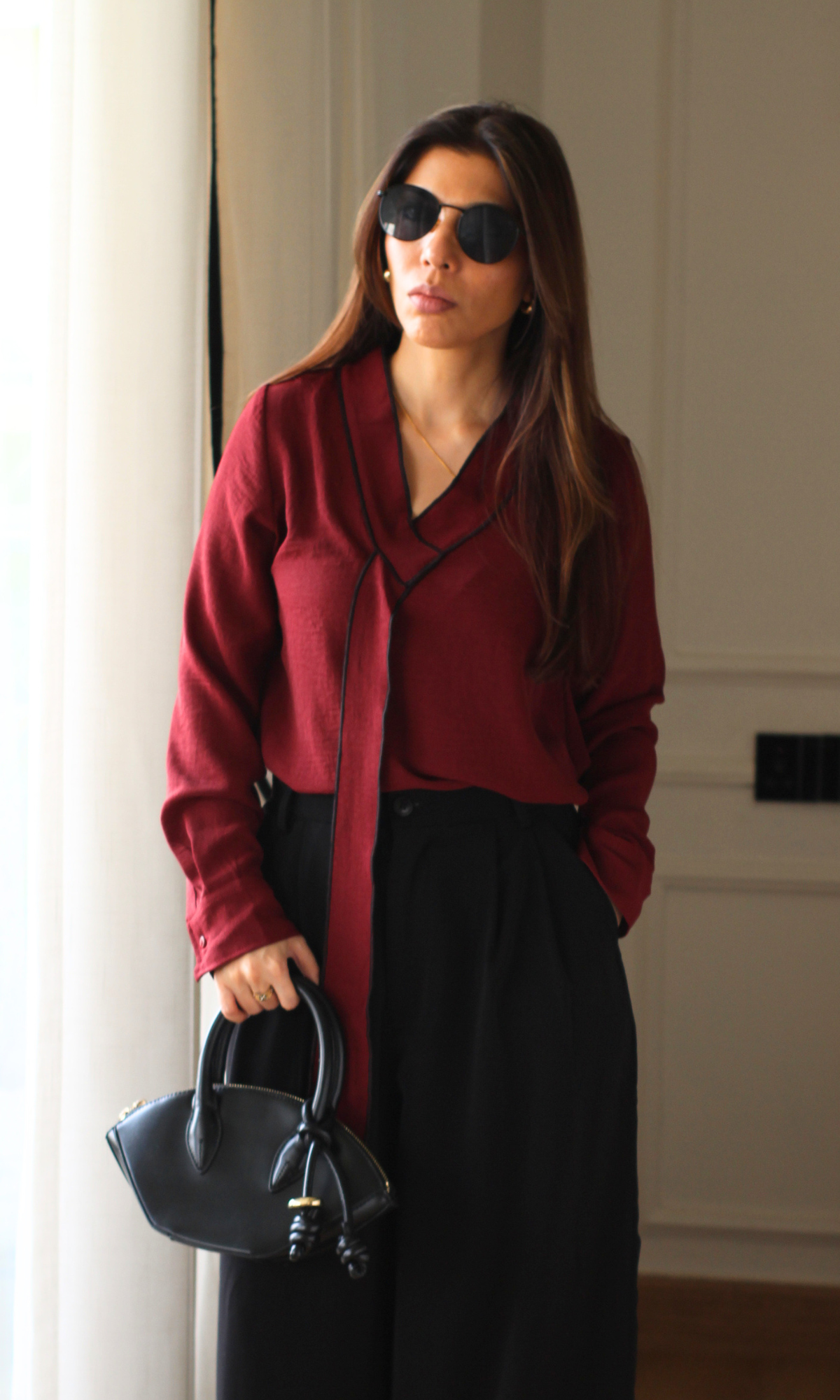 Berry Red-Black Knot Detail Top