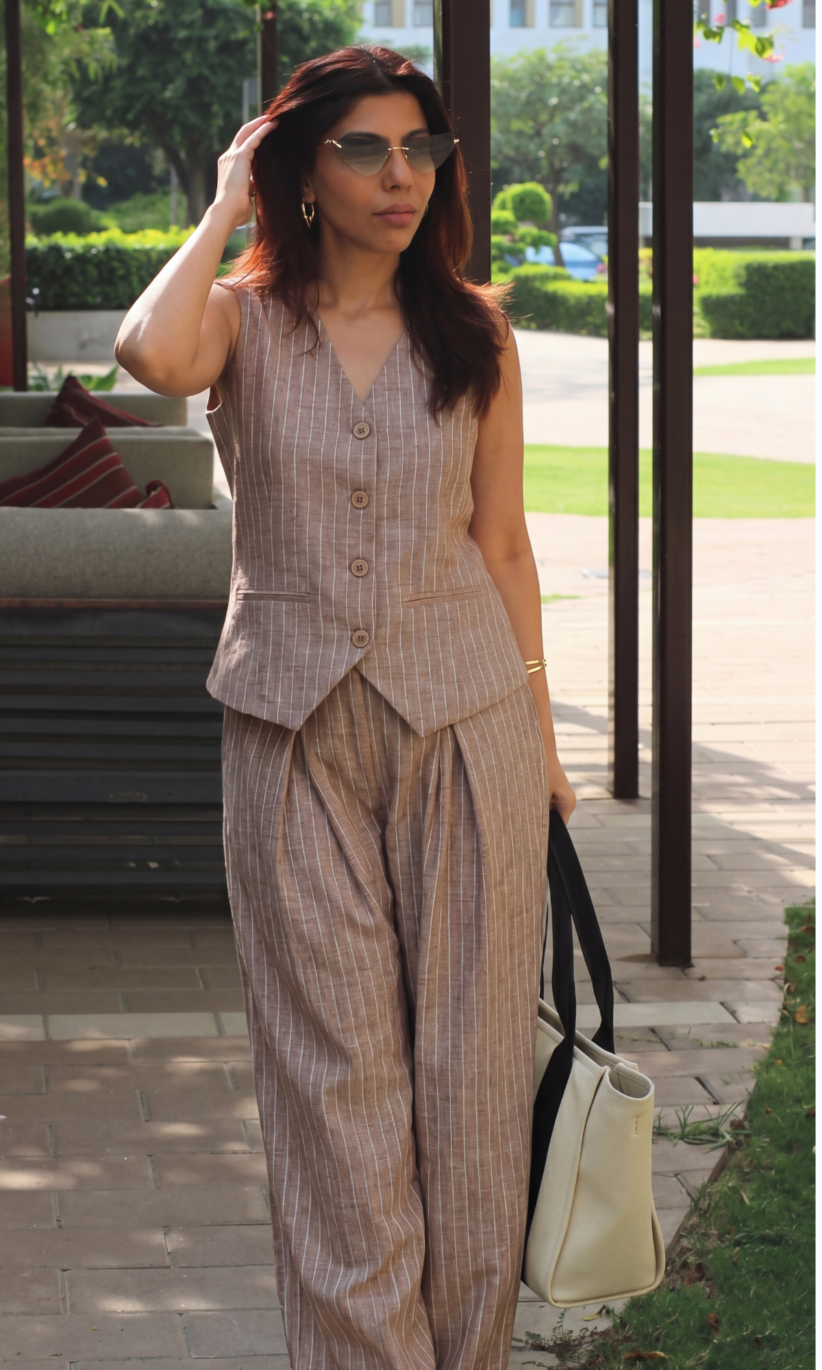 Beige-White Denim Cotton Waistcoat and Pants Co-ord