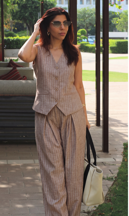 Beige-White Denim Cotton Waistcoat and Pants Co-ord