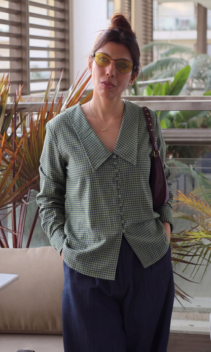Olive Gingham Oversized Collar Shirt