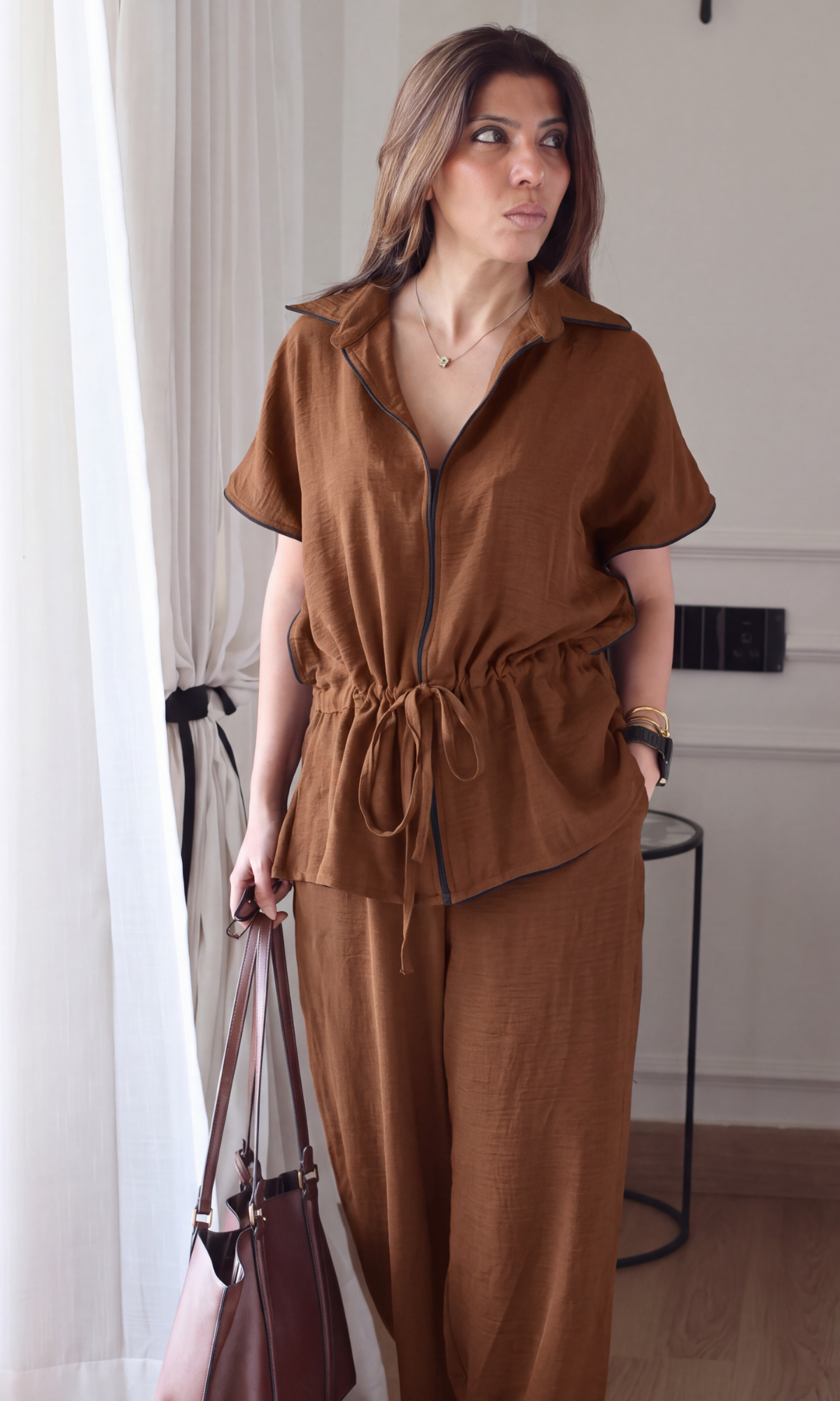 Brown Contrast-Piped Tie-Waist Shirt Co-ord