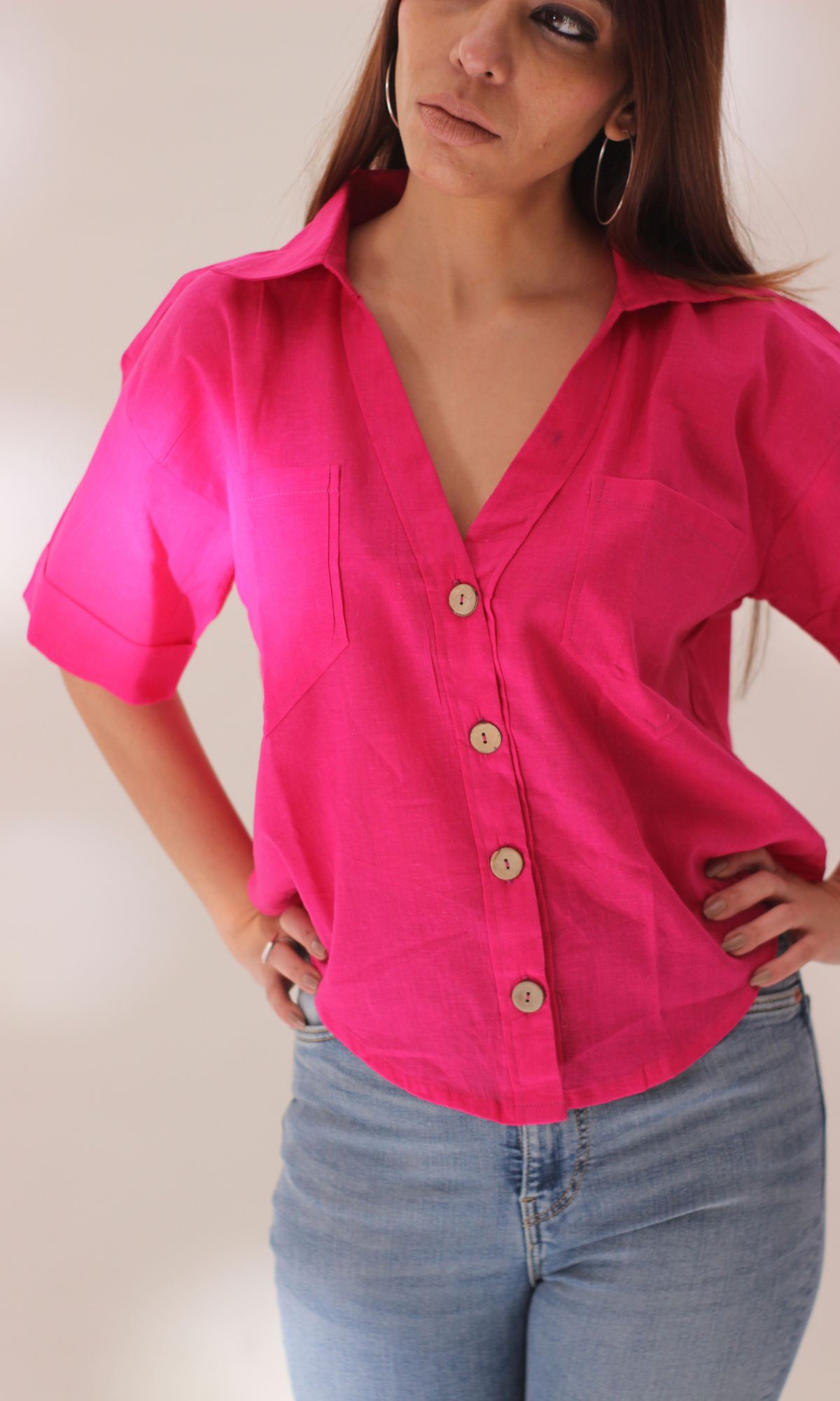 Hot Pink Cotton Cropped Shirt