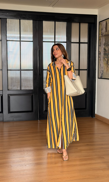 Mustard Black Stripe Shirt Dress