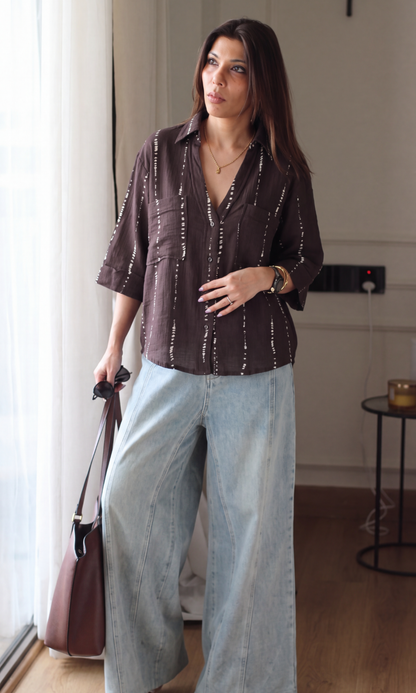 Espresso Shibori Cotton Cropped Shirt